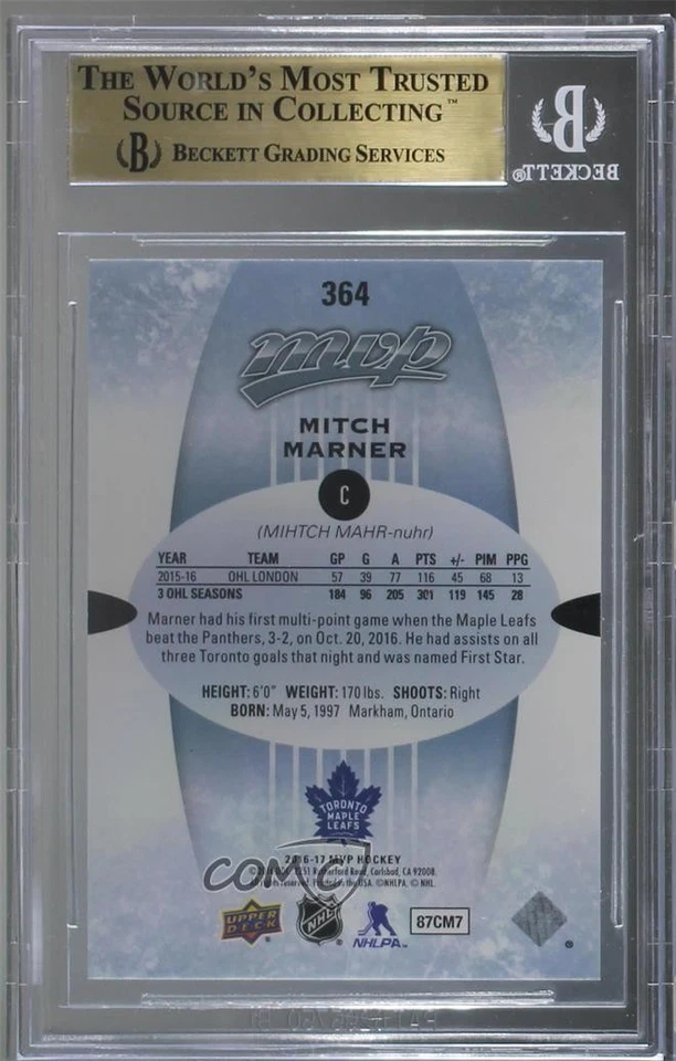 2016-17 MVP Atlantic Division Redemption Mitch Marner BGS 9.5 GEM MINT Rookie RC - Image 2 of 2