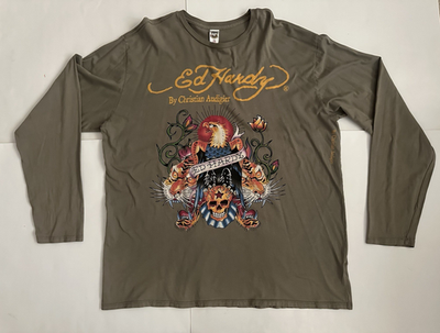 Ed Hardy by Christian Audigier Graphic Long Sleeve T-Shirt Army
