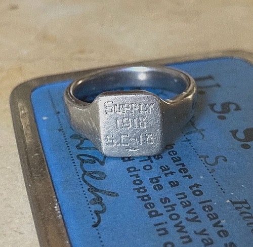 WW1 U.S. NATIONAL NAVAL SERVICE TRENCH ART RING AND USS SUPPLY LIBERTY PASS
