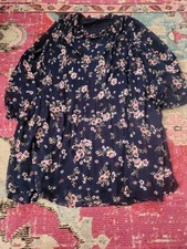 Time and Tru womens L 12 14 womens dark blue floral boho dress pleated long slv