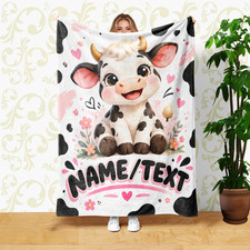 Cartoon Cow Pink Flowers Hearts Coral Fleece Blanket