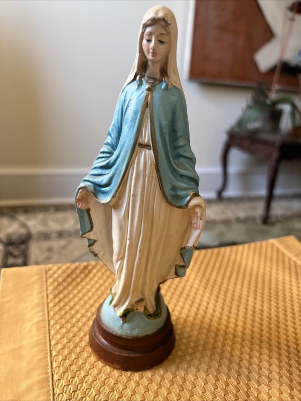Virgin Mary Religious Statue Wood Handmade Painted Figurine On Base Italy 8 in