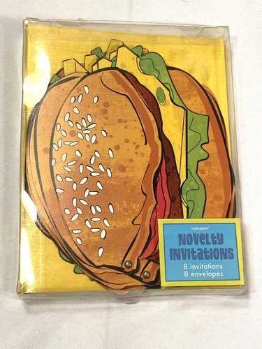 amscan NOVELTY INVITATIONS 8 invites & envelopes CHEESE BURGER COOK OUT