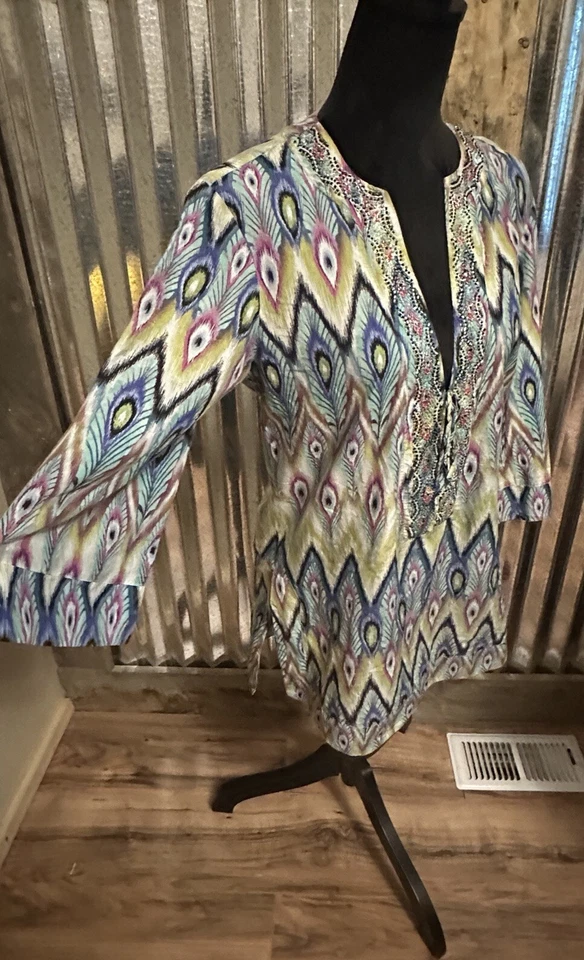 Vix by Paula Hermanny Swimsuit Cover Up Medium Tunic Peacock Embellished Beach - Image 3 of 4