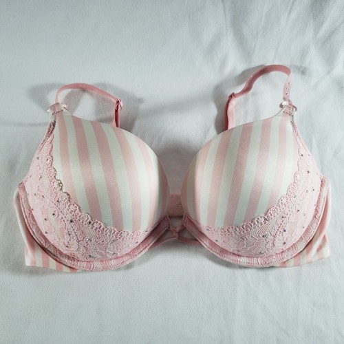 Victoria's Secret 34C Miraculous Plunge Bombshell Bra Pink White Stripe Bling