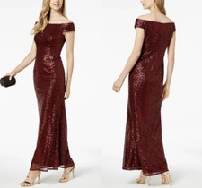 Adrianna Papell Deep Wine Sequin Off the Shoulder Gown Dress, Women’s Size 14