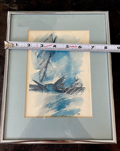 Framed Signed Sailboat Marlin Sailor Water Color Painting Blues Excellent - Picture 8 of 8