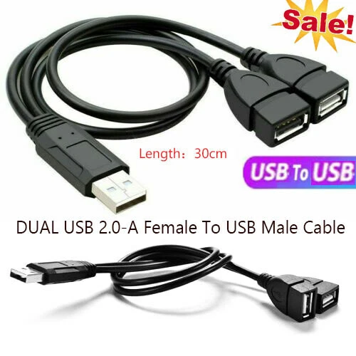 Male USB 2.0 1to2 Dual USB Female Data Hub Power Adapter Splitter Cable Line Lot - Image 3 of 4