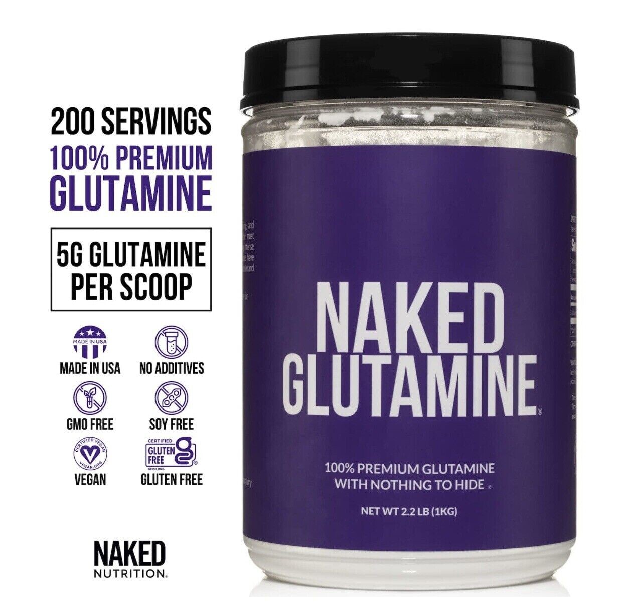 Pure LGlutamine Made in The USA 200 Servings 1,000g, 2.2lb Bulk