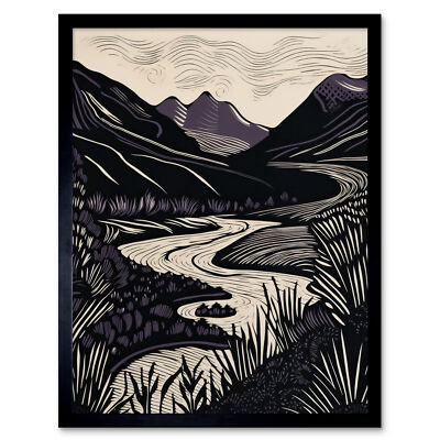 アート・デザイン・音楽 Black Mountain Mountain River Landscape Purple and Black Linocut Framed Art
