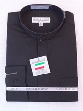 Men's Mandarin / Banded Collar Long Sleeve Dress Shirt Black Convertible Cuffs