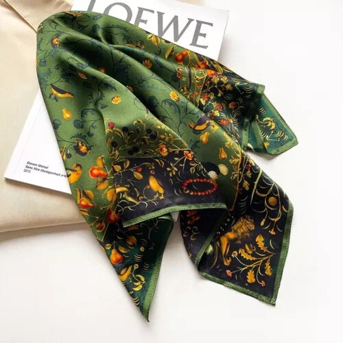 100% Mulberry Silk 20" Square Scarf Women neckerchief Wrap Birds Print Green - Picture 3 of 6