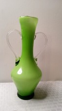 Green Hand Blown Bud Vase 10 In. Tall 2 Handles White Inside  T85 