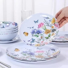 12 Piece Melamine Dinnerware - Plate and Bowl Set - Flower and Butterfly Pattern