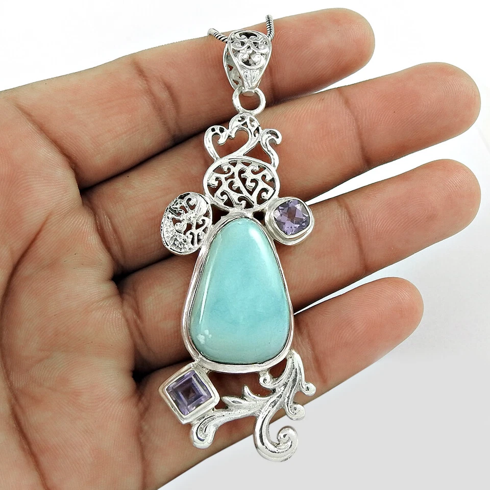Weihnachtsgeschenk 925 Sterlingsilber Schmuck Larimar Amethyst Stein Pendel Dd62 - Bild 2 von 4
