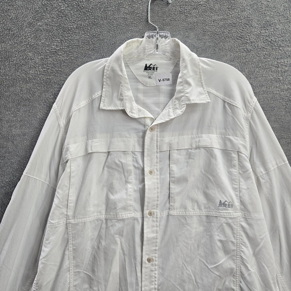 REI Hombres Botones XL Blanco Bolsillos Nylon Manga Larga Cuello Senderismo Spandex Foto 3 de 4