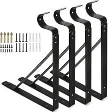 Closet Rod Bracket, Heavy Duty Closet Brackets with Rod Holder, Black Shelf Brac