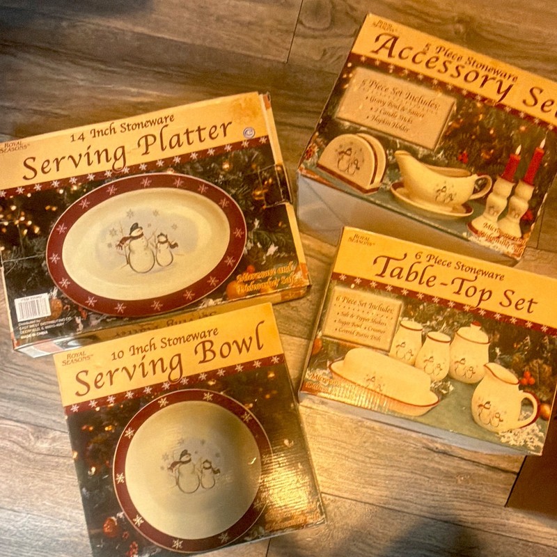 Royal Seasons Snowmen Stoneware 6pc Set: 14in Platter, Serving Bowl, Mug + More