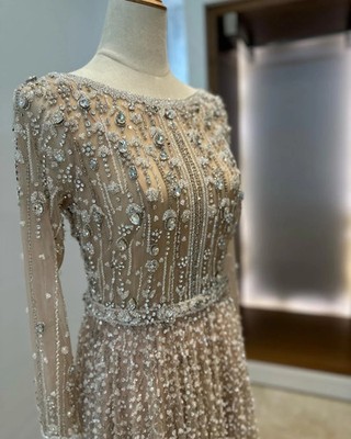 Full Sleeve Fully Crystal Beaded Sparking Evening Dresses