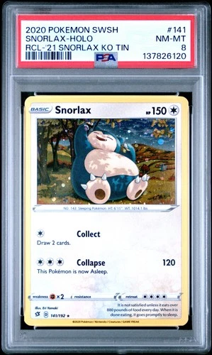 2020 POKEMON SWORD & SHIELD REBEL CLASH #141 SNORLAX-HOLO PSA 8