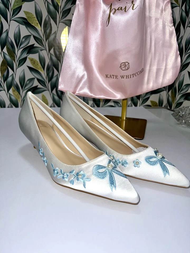 Zapatos de Boda Kate Whitcomb Talla 7 Evie Bombas Satinado Bordado Azul Comodidad Foto 2 de 4