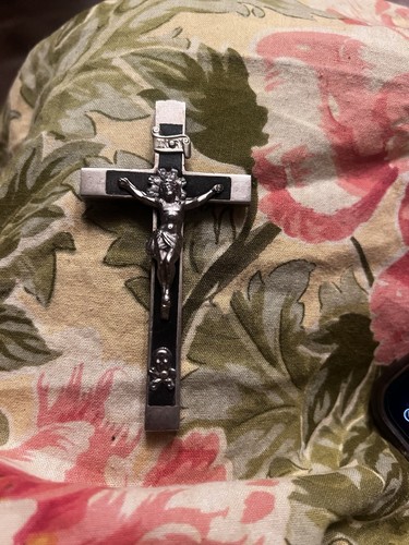 French pocket Altar cross 3½” Crucifix Alter server Silver 1800s Wood Desk Black - Picture 12 of 15