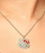 Hello Kitty Pave Crystal Necklace for Women 16"  3" Gold Tone
