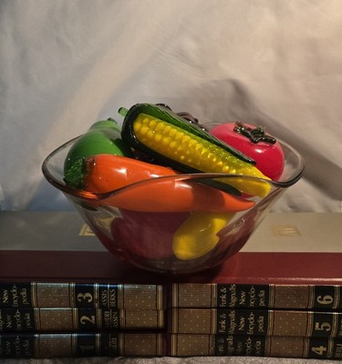 Vintage Hand Blown Glass Fruit Set with Bowl   9 Pieces (Bananas, Tomato, Pear, 