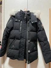 MOOSE KNUCKLES Black Down Jacket Fur Hood Casual Quilted Design Zip Pockets L