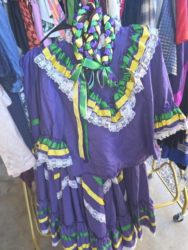 Purple Mexican Dress with Lace, Ribbon Accents, Matching Hair Accessory