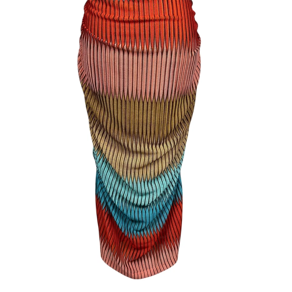 Vestido midi ceñido al cuerpo Guess para mujer talla 14 multicolor plisado acanalado cuello en V Foto 3 de 4