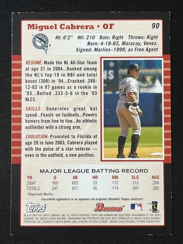 2005 Bowman #90 Miguel Cabrera Florida Marlins Baseball Card - Picture 2 of 2