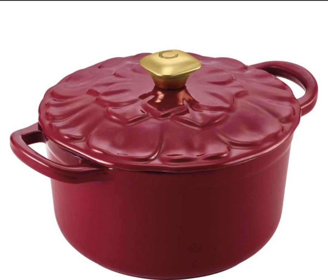 Crofton Floral 2 Quart Cast Iron Enamel Dutch Oven Burgundy Double Handle Lid