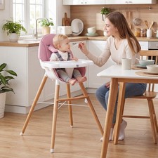 Baby High Chair Wooden Feeding with 4-Gear Tray and Removable Cushion