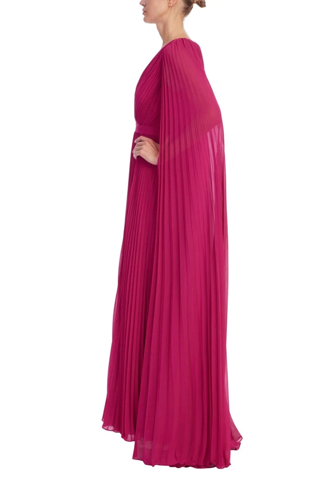 Badgley Mischka Talla 4 Cuello en V Plisado Capa Vestido $990 Modesto Fucsia Frambuesa Foto 3 de 4