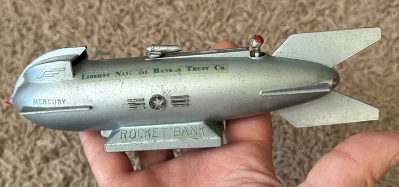 Vtg 1950's Space Age MERCURY ROCKET Metal Penny Coin MECHANICAL BANK WORKING