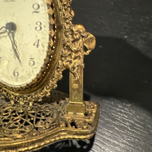 VTG Globe Brass Mantel Clock Ornate Gold Germany Alarm Cherubs Works -For Parts - Picture 4 of 9