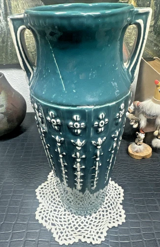 20’s 1929 Red Wing Pottery Grecian Vase Jug Revival Dark Teal White Very Nice!!