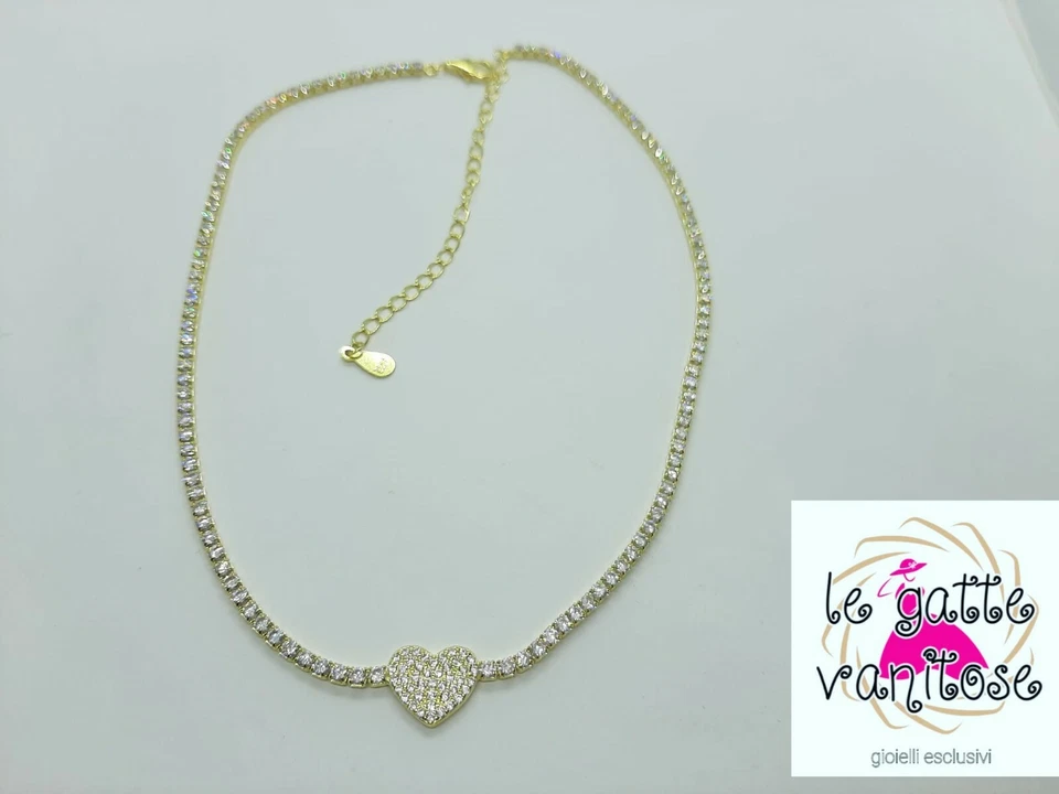 choker collana donna in Argento 925 dorato cuore zirconi bianchi. collana tenni - Immagine 4 di 4