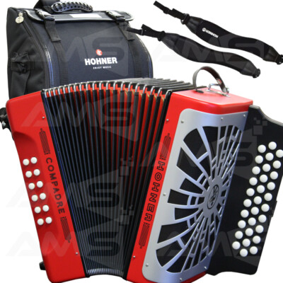 Bag NEW 2019 Hohner Compadre GCF Sol Diatonic Accordion RED with Silver Grille