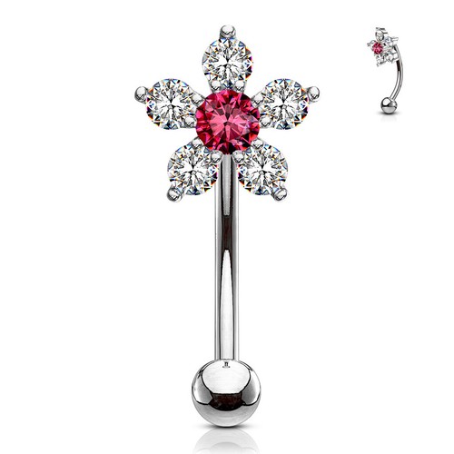 CZ Flower Surgical Steel Curve Barbell Eyebrow Ring Lip Rook Snug Piercing - Picture 5 of 7