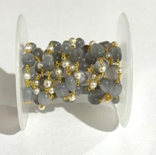 4-8mm Gray Oval Beads And 3mm White Pearl Beads Rosary Chain, Gold Pleted
