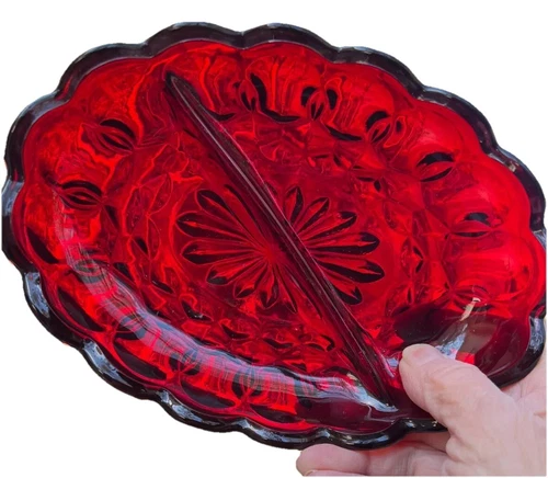 Vintage Ruby Red Glass Divided Dish 9” Oval Starburst Scallop Edge Holiday Tray