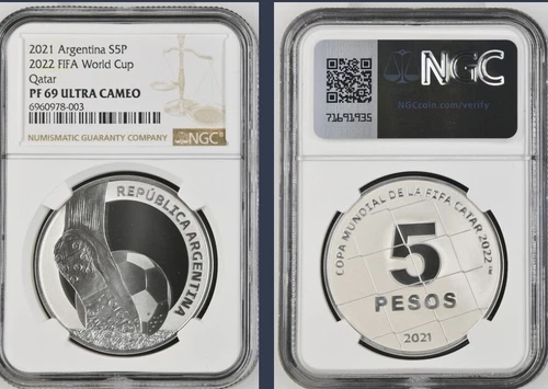 coin argentina fifa world cup 2022 qatar 5 pesos proof silver .925 NGC PF69 