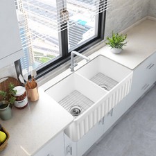 HOROW 33x18" Double Bowl Workstation Kitchen Sink Ceramic Farmhouse White