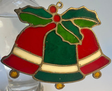 Vintage Stained Glass Sun Catcher Window Ornament - Holly  Bells Red Green 4.5"
