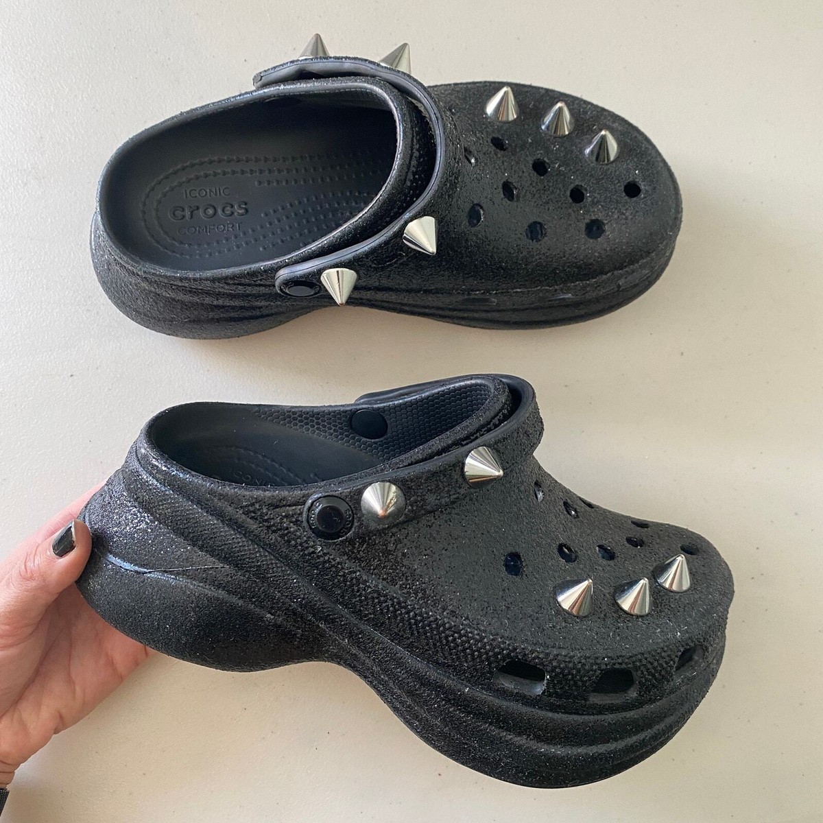Crocs Classic Bae Clog Glitter Black Silver Stud Platforms