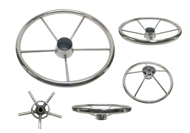 DESTROYER STYLE 5 SPOKE STEERING WHEEL W// TURNING KNOB 11/" DIA SS304