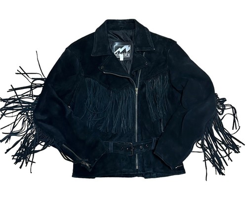 VTG Storm Riders Black Suede Jacket Leather Belt Zip Bomber Western Fringe Sz L