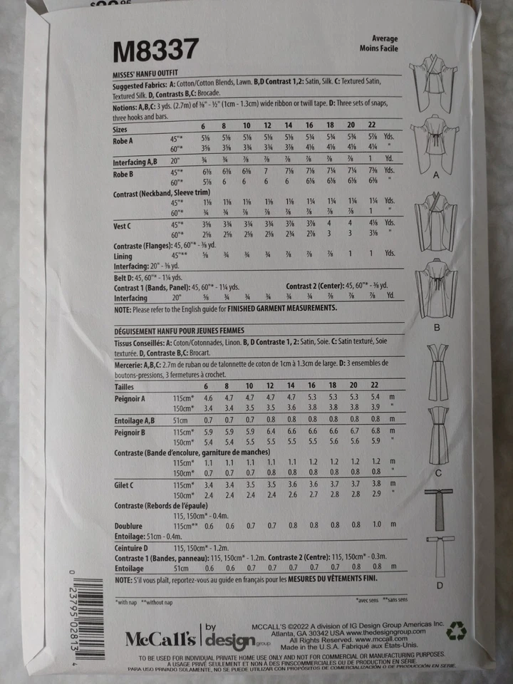 McCall's Pattern Chinese/Japanese Hanfu Oriental Outfit Costume Cosplay 8337 New - Image 4 of 4